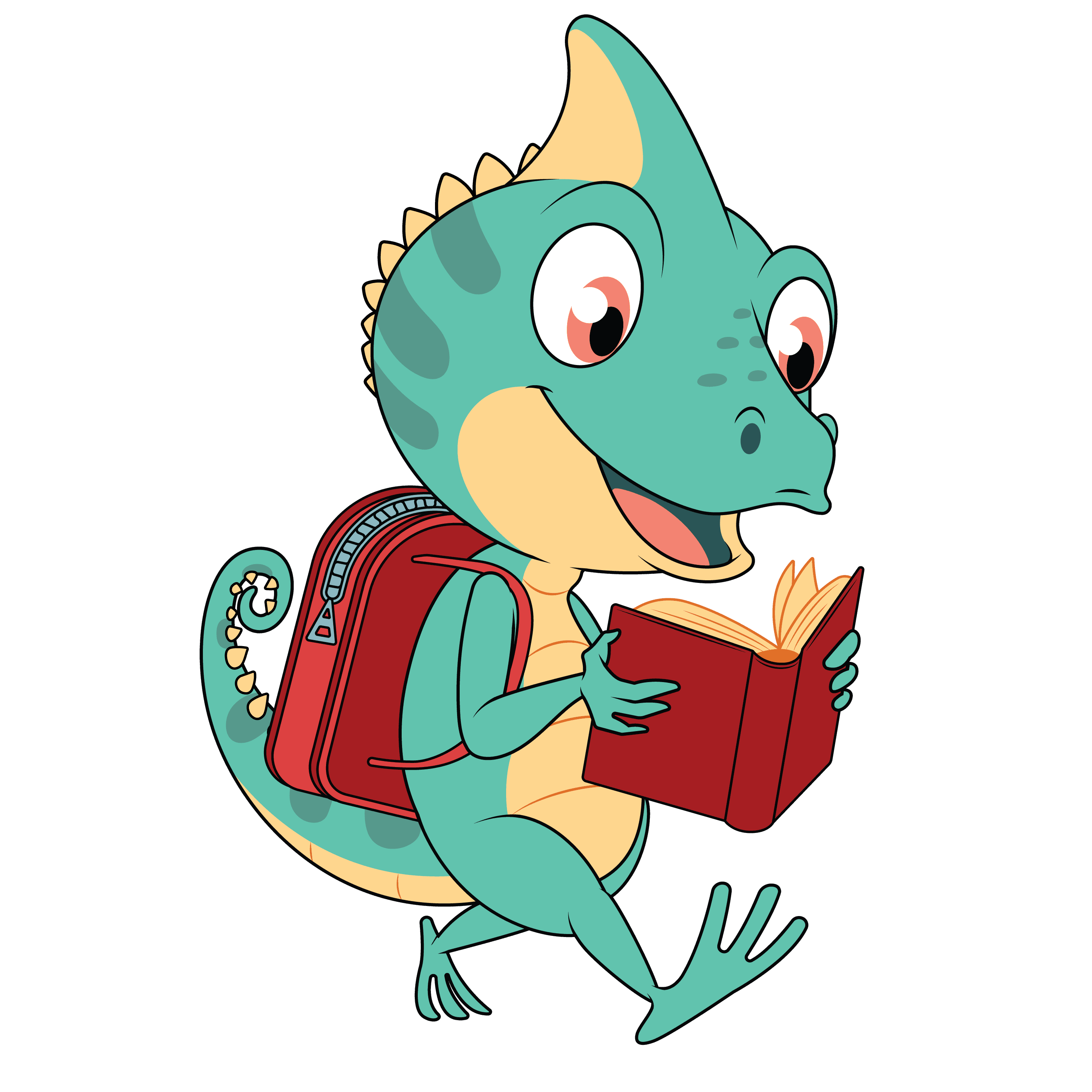 Camy the Chameleon reading a book