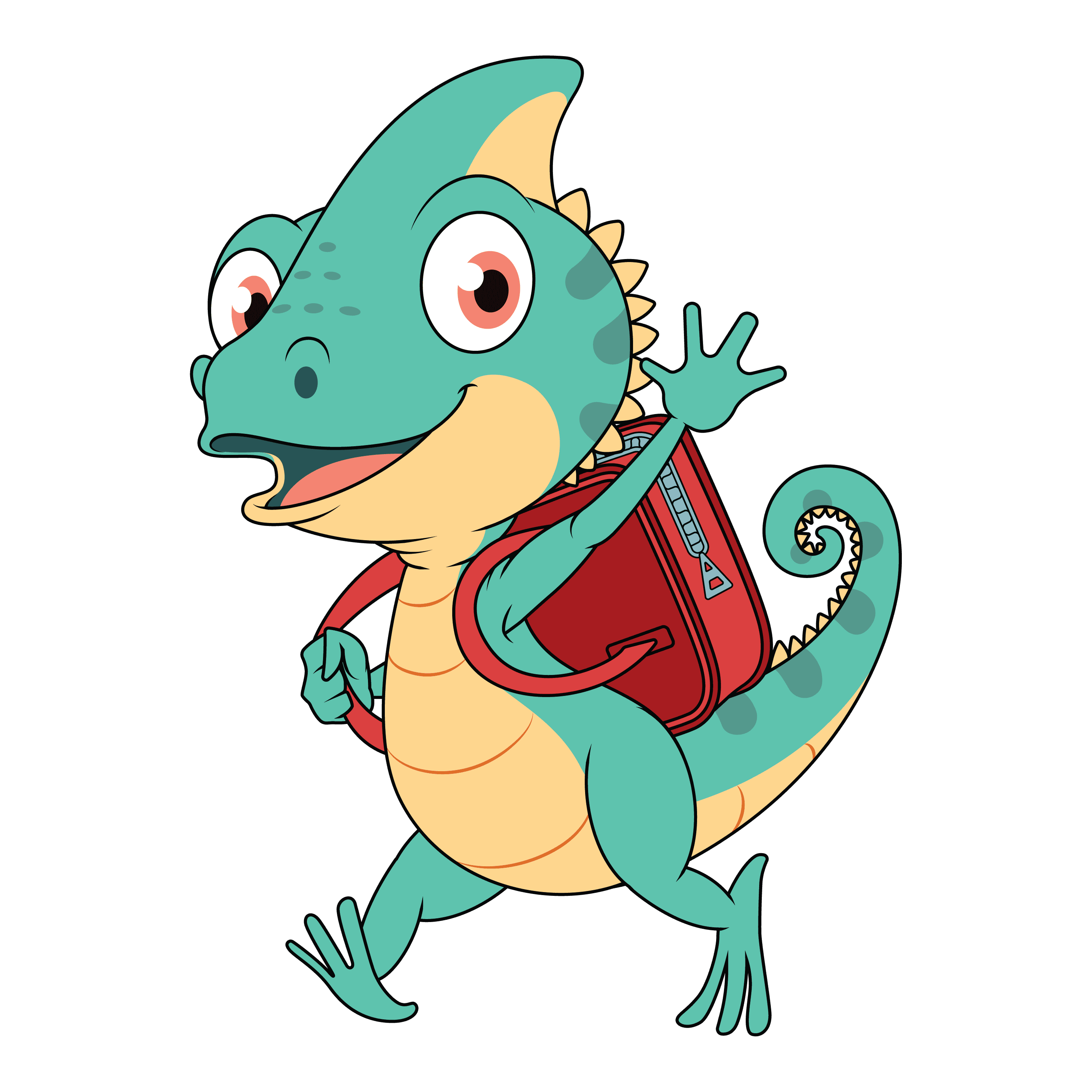 Camy the Chameleon waving hello with his red backpack