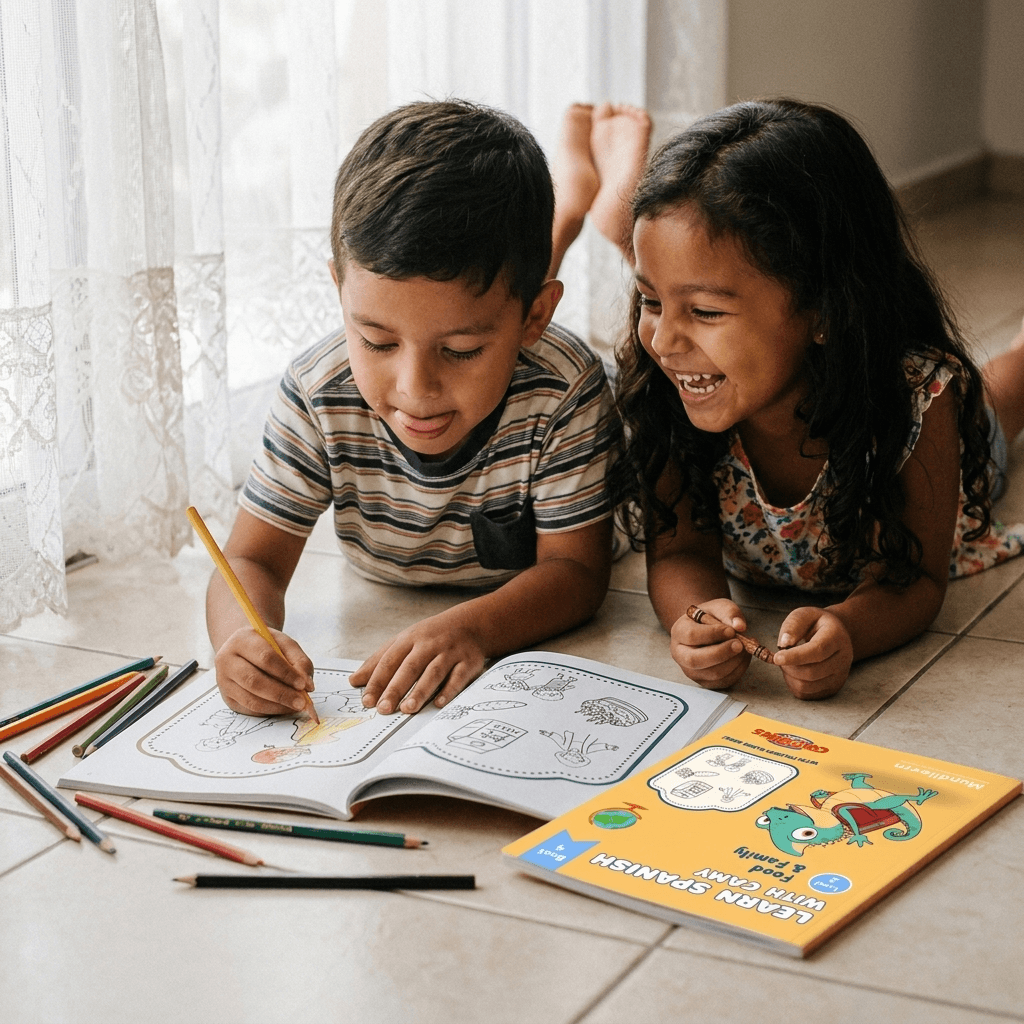 Two kids lying on the floor coloring a page from Learn Spanish with Camy